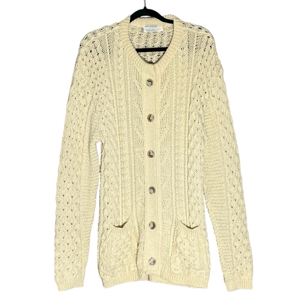 Rare Vintage James Pringle Cream Wool Fishermen's Cable Knit Cardigan Size L